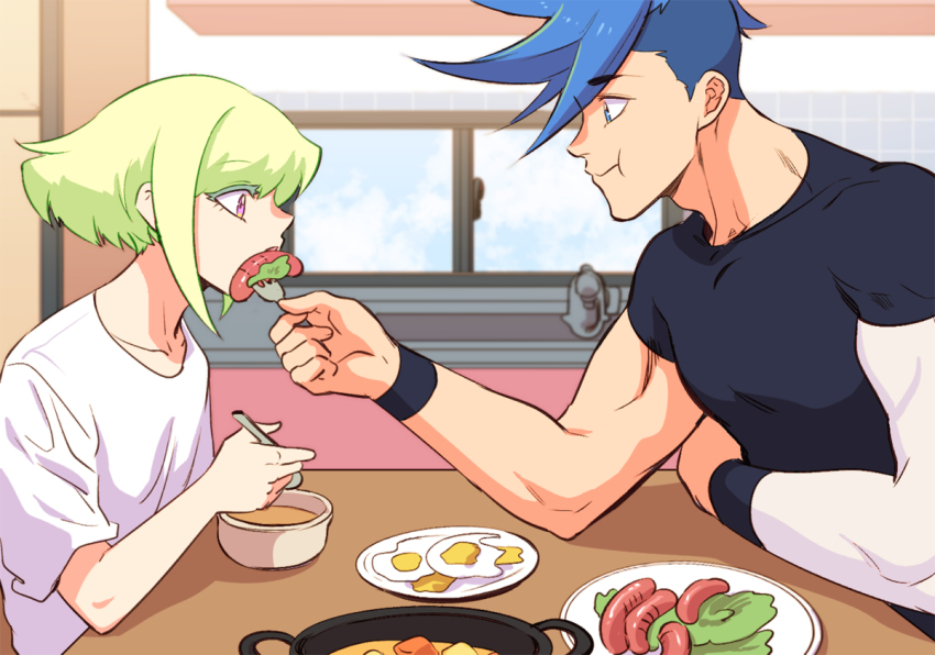2boys, :t, androgynous, asymmetrical_hair, bae_(baebae), blue_hair, breakfast, colored_eyelashes