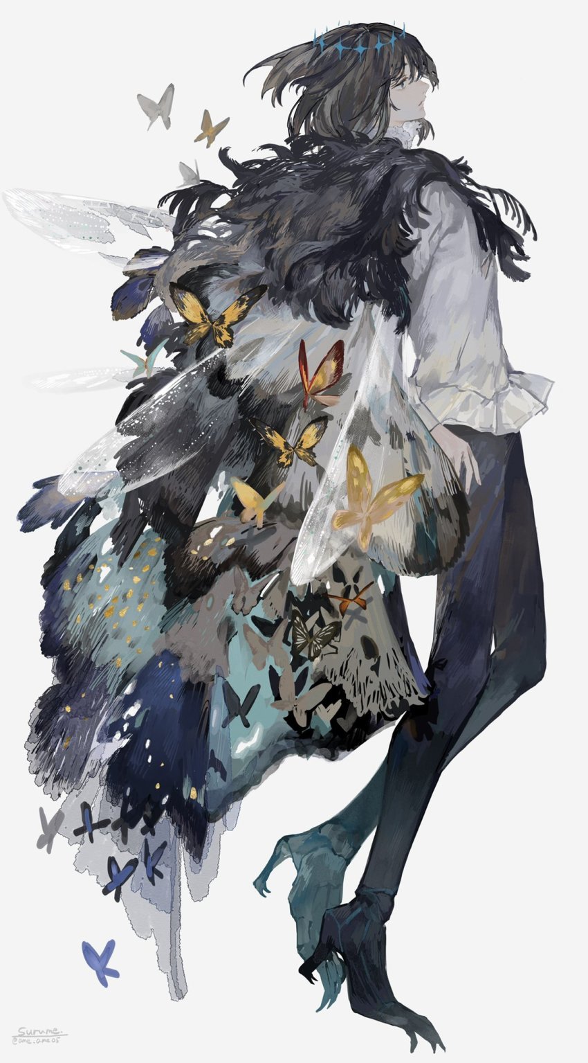 1boy, arthropod_boy, blue_eyes, bug, butterfly, butterfly_wings, cape, crown