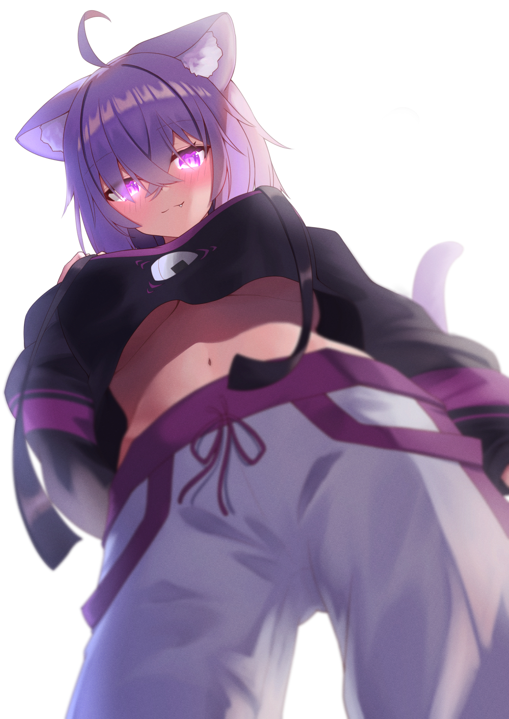 1girl, :3, ahoge, animal_ears, black_jacket, breasts, cat_ears, cat_girl, cat_tail, commentary_request, fang, from_below, hair_between_eyes, highres, hololive, jacket, large_breasts, long_sleeves, looking_at_viewer, navel, nekomata_okayu, nekomata_okayu_(1st_costume), pants, purple_eyes, purple_hair, short_hair, simple_background, smile, solo, tail, tsunde_leon, underboob, upshirt, virtual_youtuber, white_background, white_pants