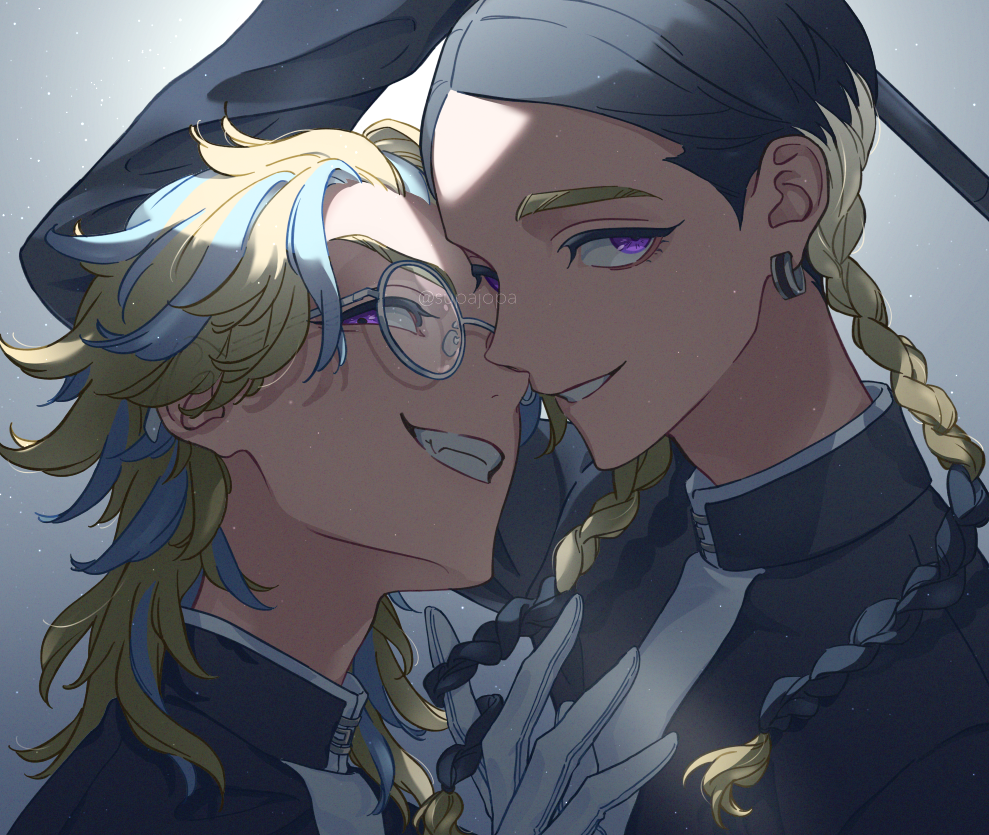 2boys, arm_up, black_hair, black_jacket, blonde_hair, blue_hair, braid, brothers