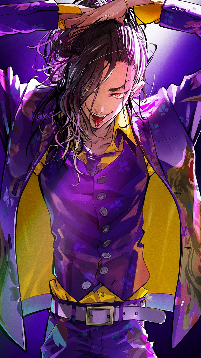 1boy, arms_up, baji_keisuke, belt, black_hair, collared_shirt, cowboy_shot, dress_shirt