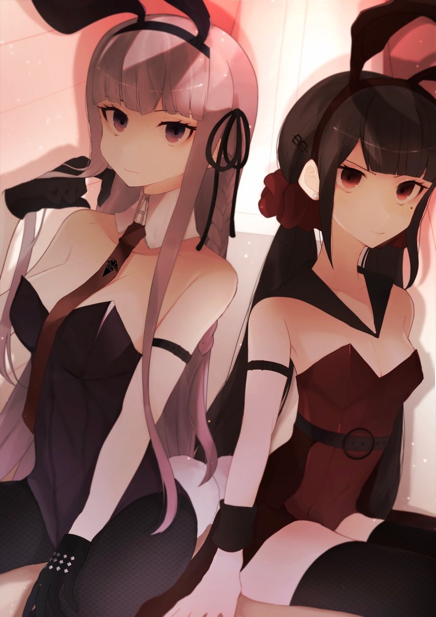 2girls, 5_106y, absurdres, animal_ears, bad_id, bad_twitter_id, bare_shoulders, black_gloves, black_leotard, blush, breasts, brown_hair, brown_necktie, danganronpa:_trigger_happy_havoc, danganronpa_(series), danganronpa_v3:_killing_harmony, detached_collar, fake_animal_ears, fake_tail, gloves, grey_background, hair_ornament, hair_scrunchie, hand_up, harukawa_maki, highres, kirigiri_kyoko, large_breasts, leotard, long_hair, looking_at_viewer, low_twintails, mole, mole_under_eye, multiple_girls, necktie, pantyhose, playboy_bunny, rabbit_ears, rabbit_tail, red_scrunchie, scrunchie, sitting, strapless, strapless_leotard, tail, thighhighs, twintails, wrist_cuffs