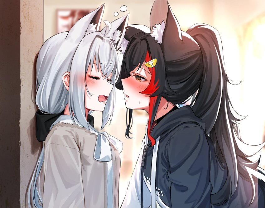 2girls, absurdres, ahoge, animal_ear_fluff, animal_ears, black_hair, blush, braid, commentary_request, daichi_(daichi_catcat), extra_ears, fox_ears, fox_girl, from_side, hair_between_eyes, highres, hololive, imminent_kiss, long_hair, multicolored_hair, multiple_girls, ookami_mio, ookami_mio_(hoodie), open_mouth, ponytail, red_hair, shirakami_fubuki, shirakami_fubuki_(street), sleepy, streaked_hair, virtual_youtuber, white_hair, wolf_ears, wolf_girl, yuri