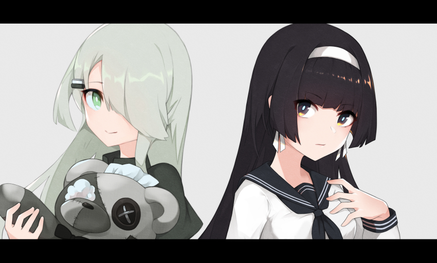 2girls, absurdres, artist_request, black_dress, black_hair, bow_hairband, dress, hair_ornament