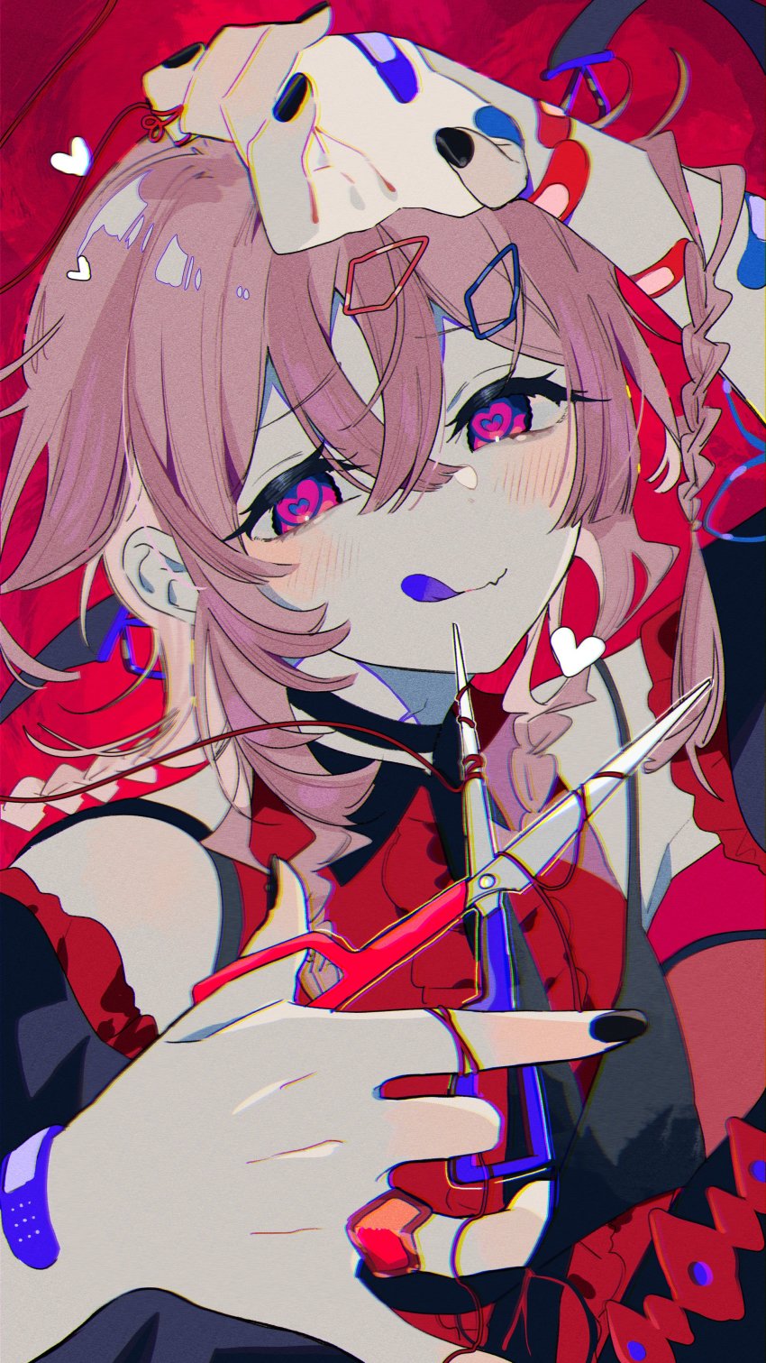 1girl, absurdres, bandaid, bandaid_on_arm, bandaid_on_hand, black_nails, blue_eyes, blue_tongue