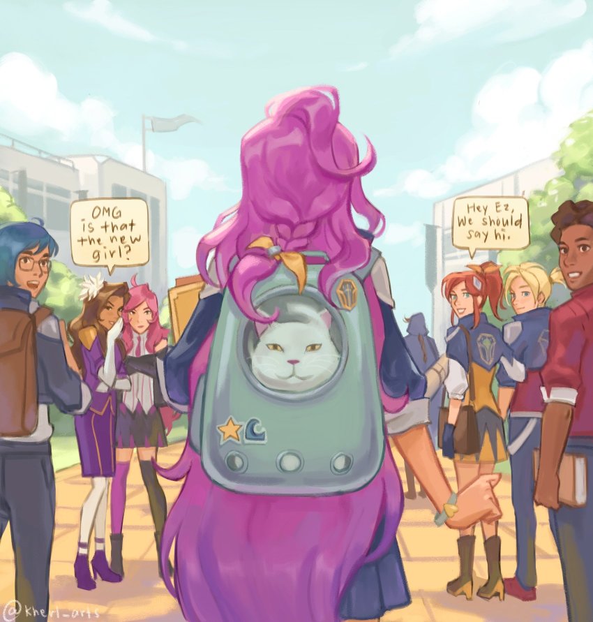 3boys, 4girls, ahoge, animal, backpack, bag, bao_(league_of_legends), battle_academia_ezreal