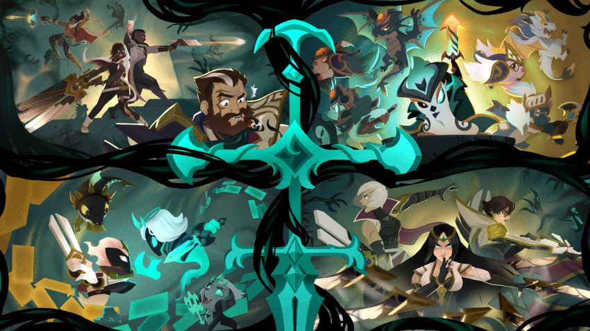 akshan_(league_of_legends), animal, arm_up, bare_shoulders, beard, bird, black_hair, breasts, brown_hair, cat, character_request, cigar, commentary, dark-skinned_female, dark-skinned_male, dark_skin, dragon, dreadlocks, english_commentary, facial_hair, fish, ghoul, glasses, graves_(league_of_legends), grey_hair, gun, highres, holding, holding_shovel, holding_sword, holding_weapon, irelia, large_breasts, league_of_legends, little_legend, long_hair, lucian_(league_of_legends), official_alternate_costume, olaf_(league_of_legends), open_mouth, parted_bangs, penguin, pig, pyke_(league_of_legends), rengar, riven_(league_of_legends), sentinel_(league_of_legends), sentinel_graves, sentinel_irelia, sentinel_olaf, sentinel_pyke, sentinel_rengar, sentinel_riven, sentinel_vayne, short_hair, shovel, sword, teamfight_tactics, teeth, thresh_(league_of_legends), vayne_(league_of_legends), viego_(league_of_legends), weapon, yangyexin