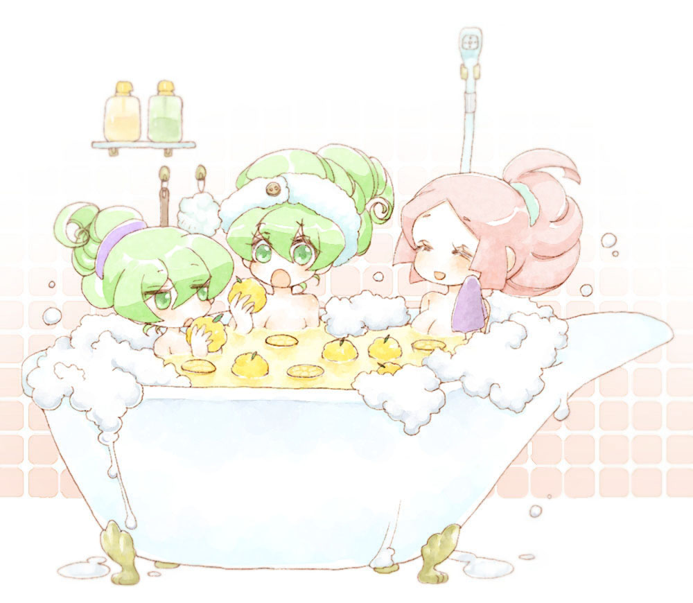 3girls, apple, apple_inc., bathing, bathtub, closed_eyes, foam, food, fruit, green_eyes, green_hair, hair_up, long_hair, macintosh, macne_coco, macne_nana, macne_nana_petit, macne_series, multiple_girls, pink_hair, yahoro, yuzu_(fruit)