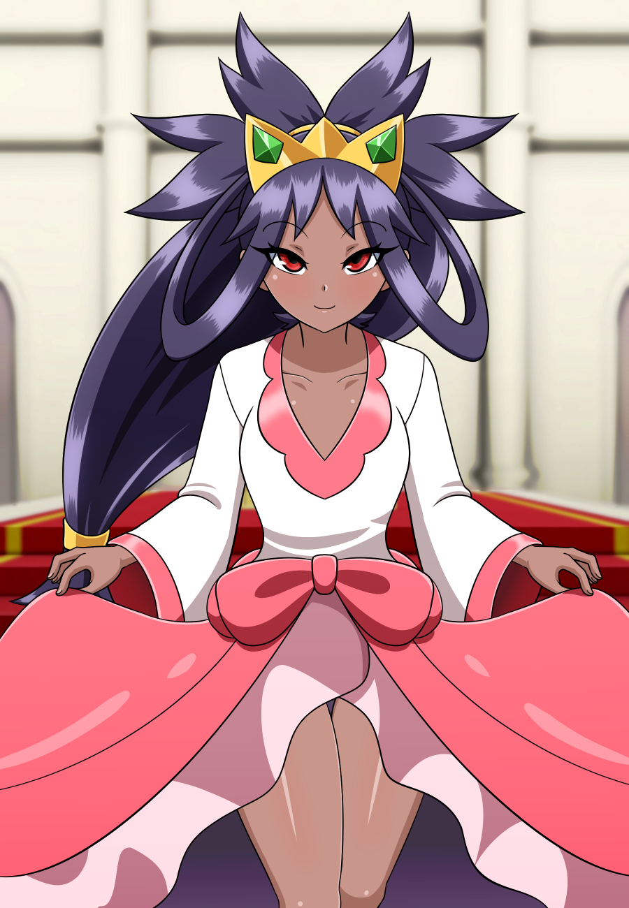 1girl, alternate_costume, alternate_hairstyle, black_hair, bow, breasts, child, cleavage, clenched_hands, clothes_lift, collarbone, dark-skinned_female, dark_skin, diadem, dress, dress_bow, eyelashes, feet, fingernails, flat_chest, formal_clothes, gen_5_pokemon, half-closed_eyes, highres, indoors, iris_(pokemon), legs, lifting_own_clothes, long_hair, neck, nintendo, official_alternate_costume, pink_dress, pokemon, pokemon_black_2_and_white_2, red_eyes, ribbon, sandals, seductive_smile, shiny_clothes, shiny_skin, sidelocks, skirt, skirt_lift, smile, standing, thighs, tiara, toes, two-tone_dress, very_long_hair, wide_dress, wide_ponytail, yensh