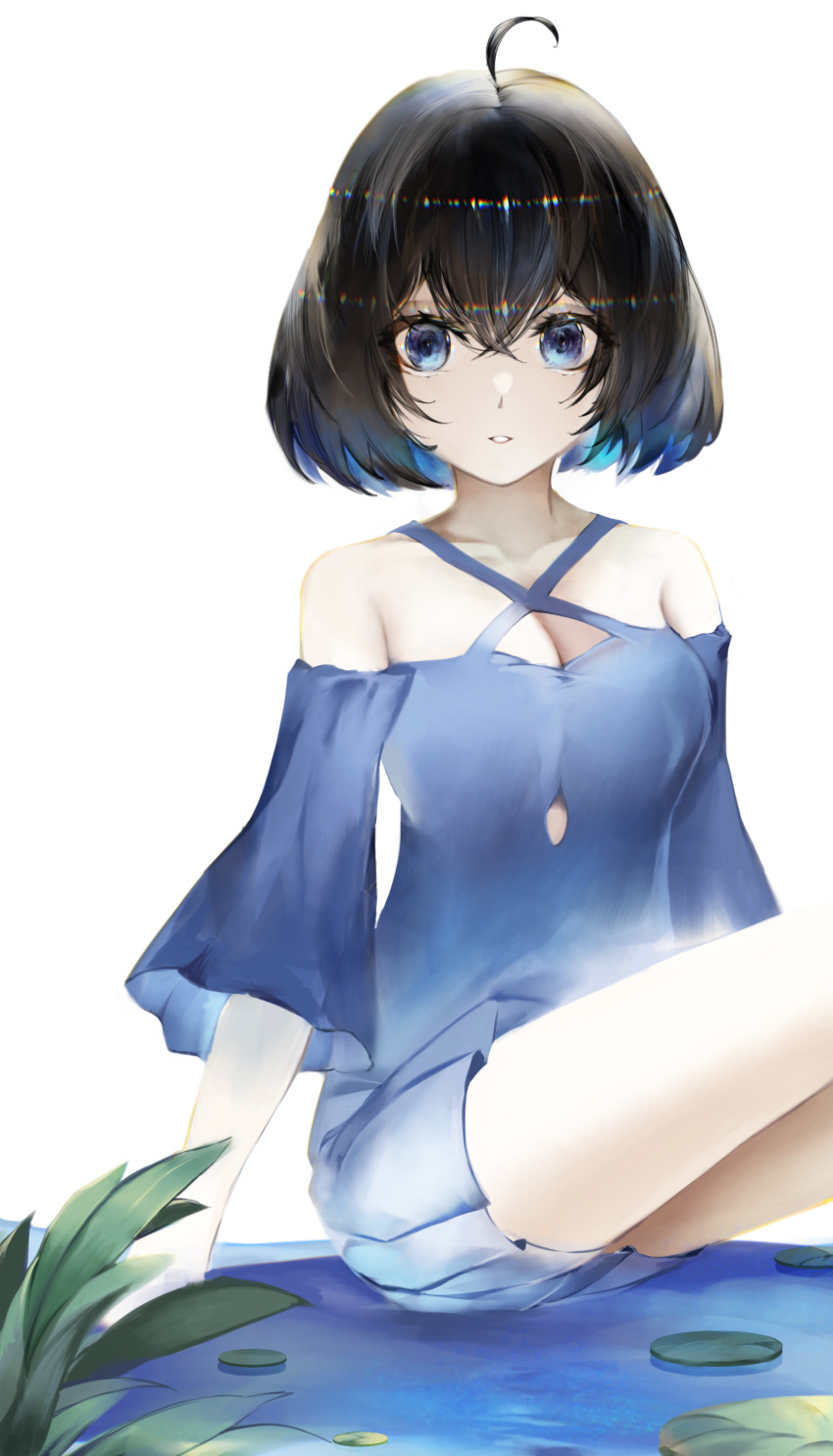 1girl, absurdres, ahoge, bare_shoulders, black_hair, blue_dress, blue_eyes, blue_hair
