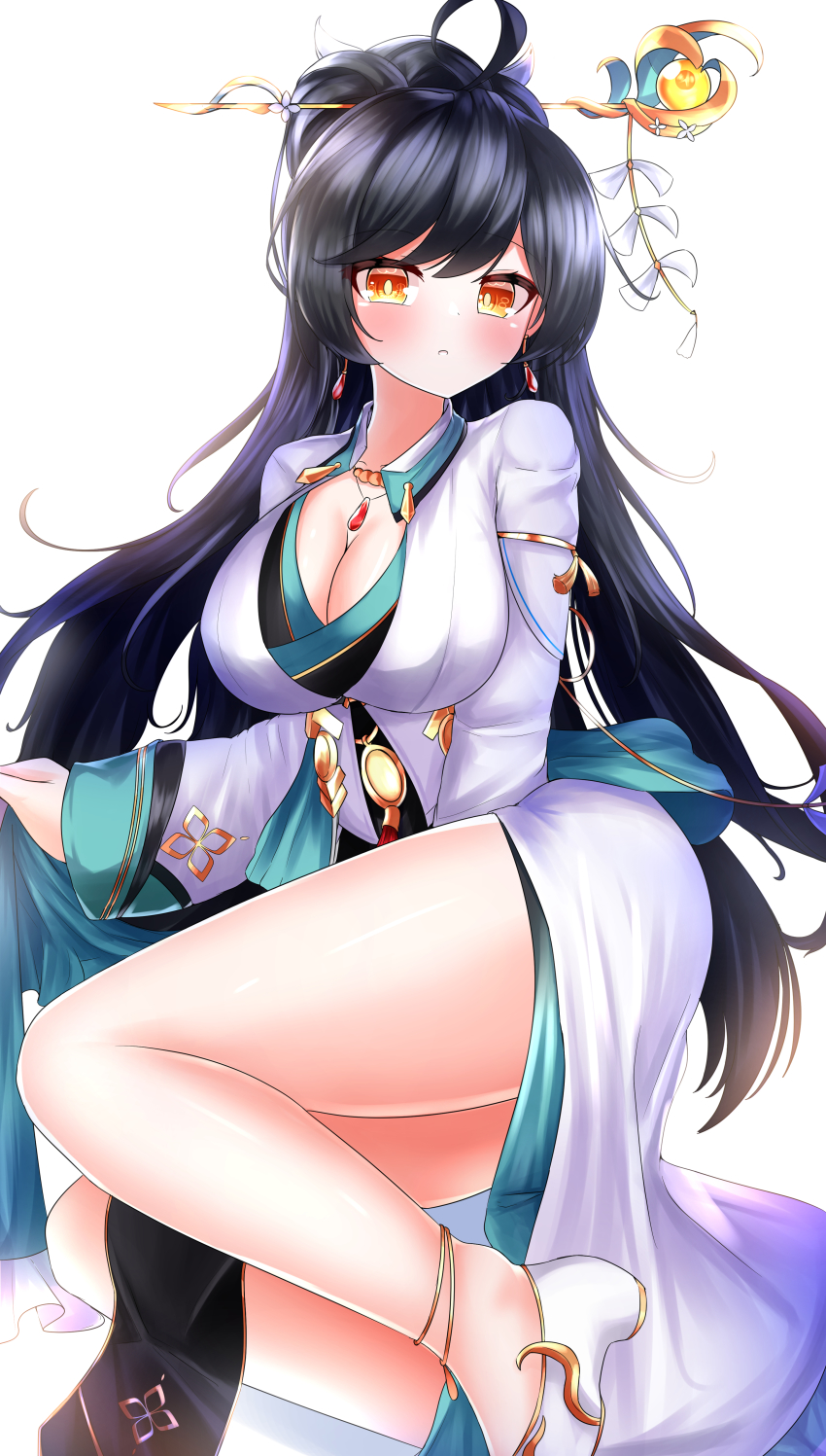 1girl, absurdres, ahoge, anklet, ara_haan, black_hair, blush, breasts, cleavage, commentary, commission, dress, earrings, elsword, english_commentary, foot_out_of_frame, hair_ornament, hairpin, high_ponytail, highres, jewelry, korean_clothes, large_breasts, long_hair, looking_at_viewer, min1910, orange_eyes, ponytail, simple_background, sitting, solo, surya_(elsword), thighs, very_long_hair, white_background, white_dress, white_footwear, yokozuwari
