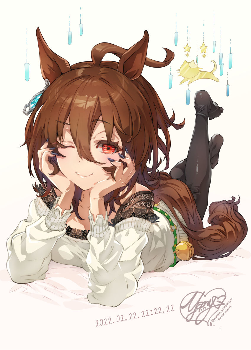 1girl, ;), absurdres, agnes_tachyon_(umamusume), ahoge, animal_ears, artist_name, bell, black_nails, black_pantyhose, brown_hair, cat_day, closed_mouth, dress, feet_up, fingernails, hair_between_eyes, hands_on_own_cheeks, hands_on_own_face, highres, horse_ears, horse_girl, horse_tail, jingle_bell, lace-trimmed_sweater, long_fingernails, looking_at_viewer, lying, mobile, nail_polish, no_shoes, off-shoulder_sweater, off_shoulder, on_stomach, one_eye_closed, pantyhose, red_eyes, short_hair, signature, smile, solo, sweater, sweater_dress, tail, umamusume, white_dress, white_sweater, wilted_ahoge, yanyo_(ogino_atsuki)