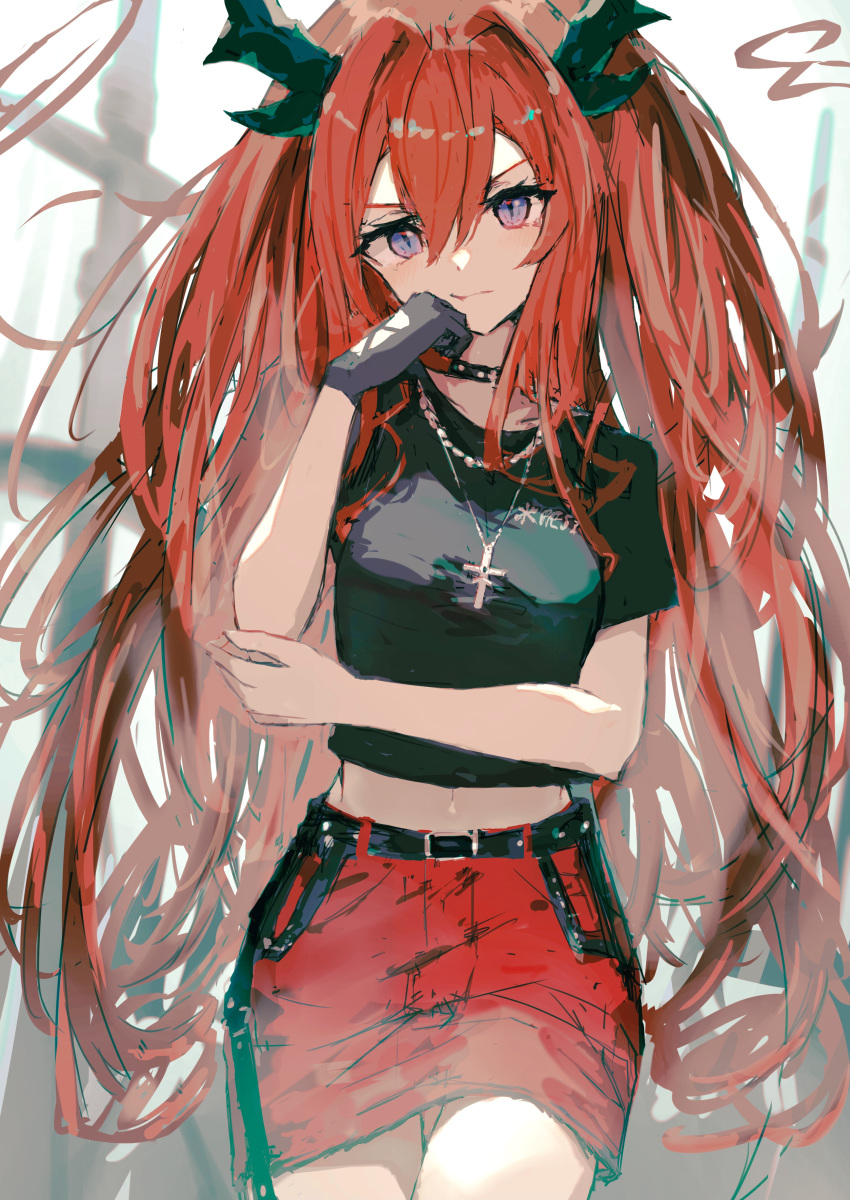 1girl, absurdres, arknights, black_choker, black_gloves, black_shirt, breasts, choker, closed_mouth, cowboy_shot, gloves, highres, horns, jewelry, k_futoshi_0n0, long_hair, looking_at_viewer, medium_breasts, midriff, miniskirt, navel, necklace, official_alternate_costume, purple_eyes, red_skirt, shirt, short_sleeves, single_glove, skirt, slit_pupils, solo, surtr_(arknights), surtr_(liberte_echec)_(arknights), twintails, v-shaped_eyebrows, very_long_hair