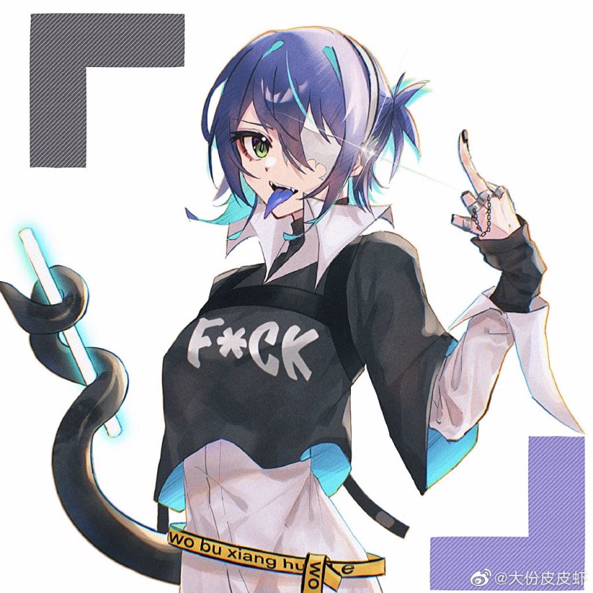 1girl, arknights, artist_name, asbestos_(arknights), asbestos_(glen_sonata)_(arknights), black_nails, blue_hair, blue_tongue, chinese_commentary, clothes_writing, colored_tongue, commentary_request, crop_top, dafenpipixia, glowstick, green_eyes, jewelry, layered_clothes, long_sleeves, long_tongue, looking_at_viewer, middle_finger, multiple_rings, nail_polish, official_alternate_costume, one_side_up, open_clothes, prehensile_tail, profanity, ring, shirt, short_hair, solo, tail, tongue, tongue_out, upper_body, watermark, weibo_watermark, white_background, white_shirt
