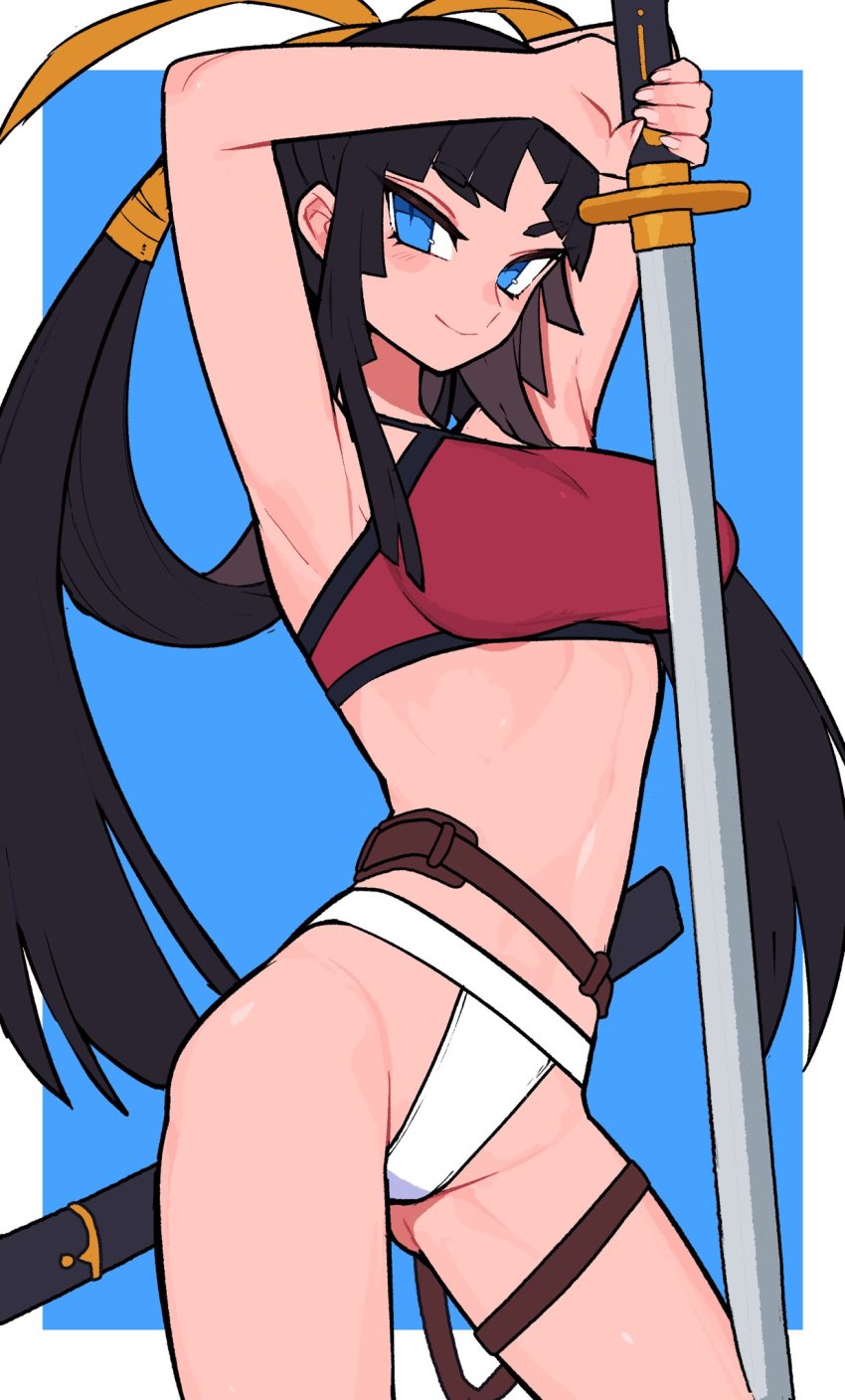 1girl, armpits, arms_up, belt, bikini, black_hair, blue_eyes, blush