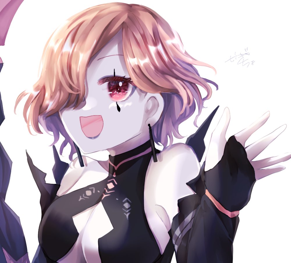 breasts, cleavage, cleavage_cutout, clothing_cutout, colored_skin, earrings, fingerless_gloves, fire_emblem, fire_emblem:_three_houses, gloves, jewelry, karingityou, kronya_(fire_emblem), lipstick, looking_at_viewer, makeup, nintendo, orange_hair, pale_skin, sideboob, signature, tagme, white_skin