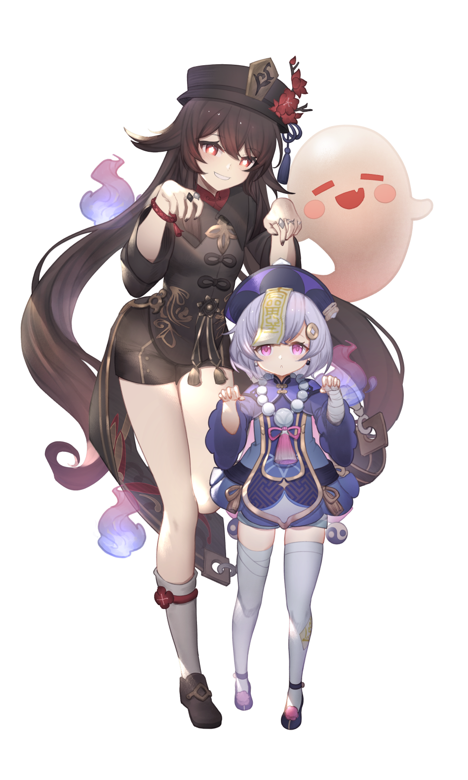 2girls, bead_bracelet, bead_necklace, beads, blush_stickers, bracelet, brown_hair, chinese_clothes, claw_pose, closed_eyes, fang, flower, full_body, genshin_impact, ghost, half-closed_eyes, hat, hat_flower, highres, hu_tao_(genshin_impact), jewelry, jiangshi, long_sleeves, looking_at_viewer, multiple_girls, necklace, open_mouth, peruru, purple_eyes, purple_hair, qiqi_(genshin_impact), red_eyes, ring, shoes, shorts, simple_background, smile, socks, tailcoat, talisman, thighhighs, top_hat, twintails, white_background, white_legwear, wide_sleeves