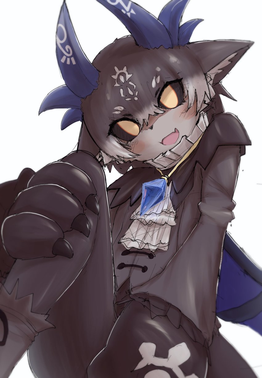 1girl, alternate_form, animal_ears, animal_hands, animal_nose, ascot, black_sclera, blue_horns