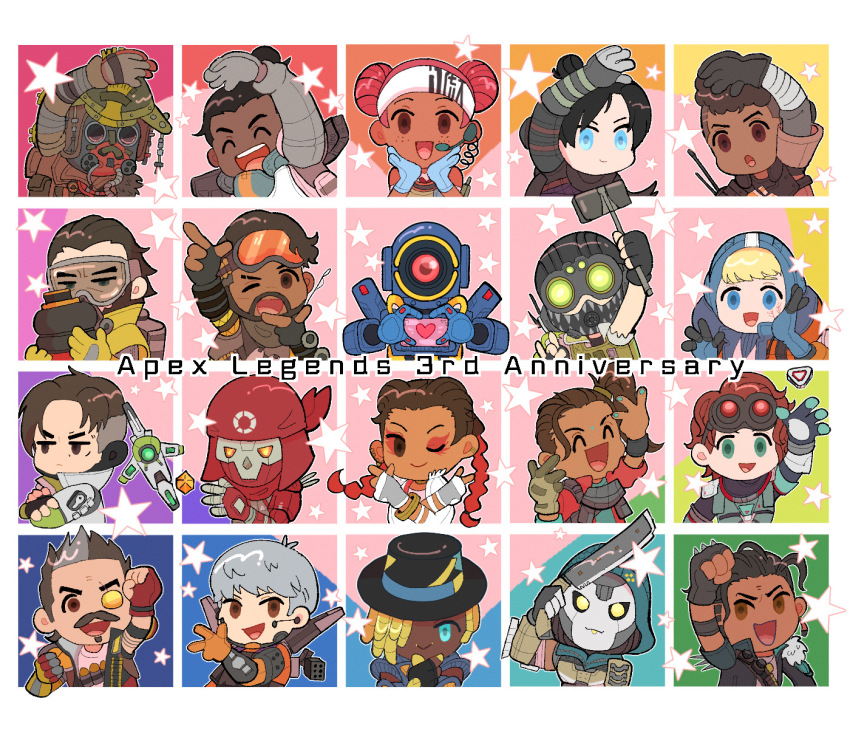 1other, 6+boys, 6+girls, ^_^, ambiguous_gender, animification, anniversary, apex_legends, ariga_(22pudding22), ash_(titanfall_2), bangalore_(apex_legends), blonde_hair, bloodhound_(apex_legends), blue_eyes, blue_gloves, blue_headwear, brown_eyes, caustic_(apex_legends), chibi, classic_revenant, clenched_hand, closed_eyes, crypto_(apex_legends), double_bun, drone, eyepatch, facial_scar, fingerless_gloves, fuse_(apex_legends), gibraltar_(apex_legends), gloves, goggles, green_eyes, hack_(apex_legends), hair_behind_ear, hair_bun, hair_over_one_eye, headset, heart, heart_hands, highres, holding, holding_sword, holding_weapon, horizon_(apex_legends), humanoid_robot, jetpack, lifeline_(apex_legends), loba_(apex_legends), mad_maggie_(apex_legends), mask, mirage_(apex_legends), missile_pod, mouth_mask, multiple_boys, multiple_girls, octane_(apex_legends), one-eyed, one_eye_closed, one_eye_covered, open_mouth, pathfinder_(apex_legends), pink_hair, rampart_(apex_legends), revenant_(apex_legends), robot, scar, scar_on_cheek, scar_on_face, seer_(apex_legends), selfie_stick, side_ponytail, simulacrum_(titanfall), star_(symbol), sword, v-shaped_eyebrows, valkyrie_(apex_legends), wattson_(apex_legends), weapon, white_gloves, wraith_(apex_legends)