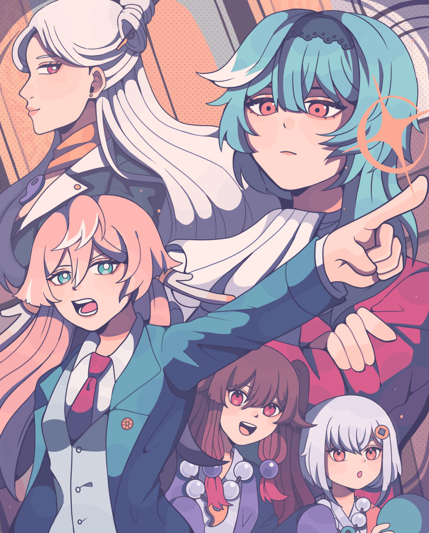 5girls, absurdres, ace_attorney, black_hair, blue_eyes, blue_hair, bobamiruku, bright_pupils