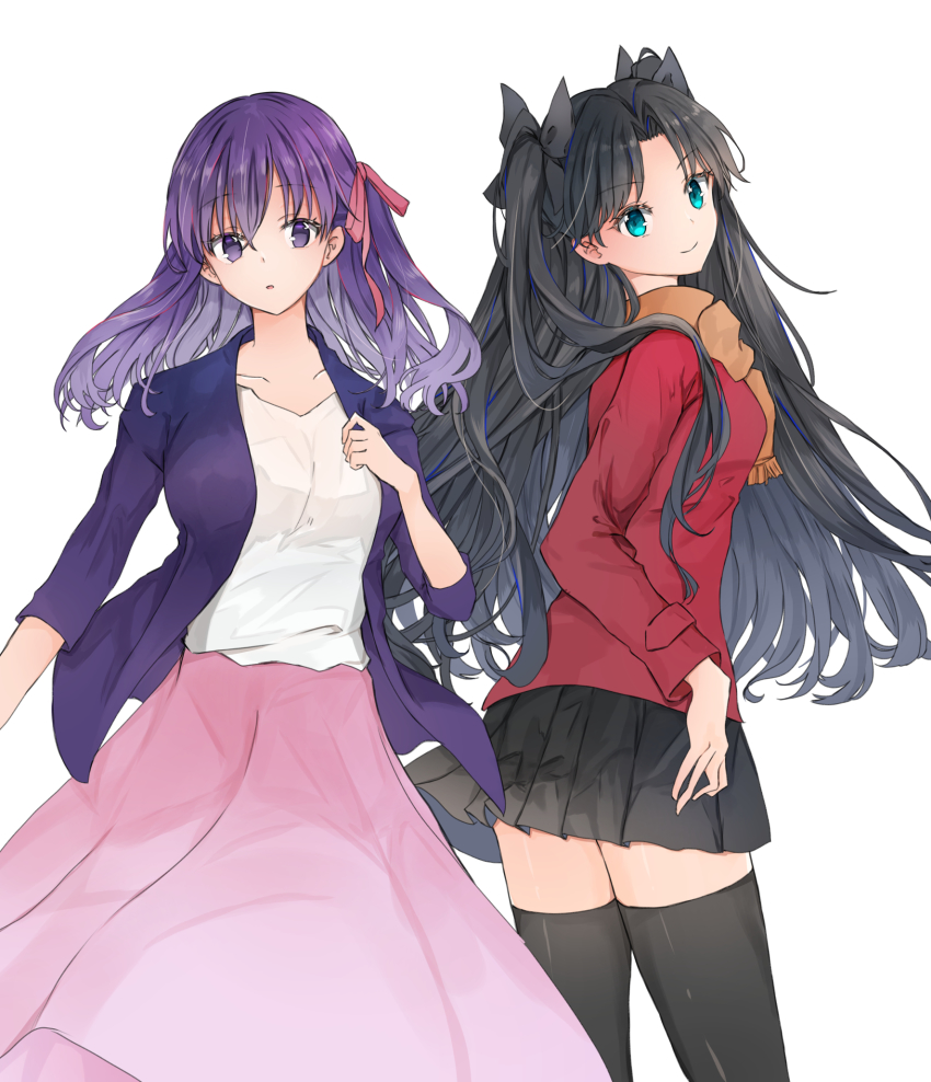 2girls, ameshiki, black_hair, black_skirt, blue_eyes, fate/stay_night, fate_(series), highres
