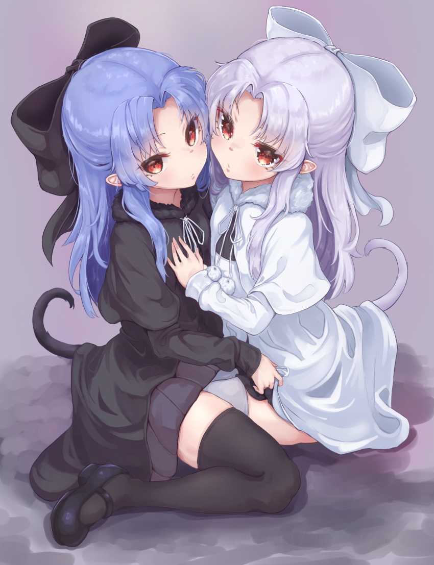 2girls, bare_arms, black_bow, black_dress, black_footwear, black_legwear, blue_hair, bow