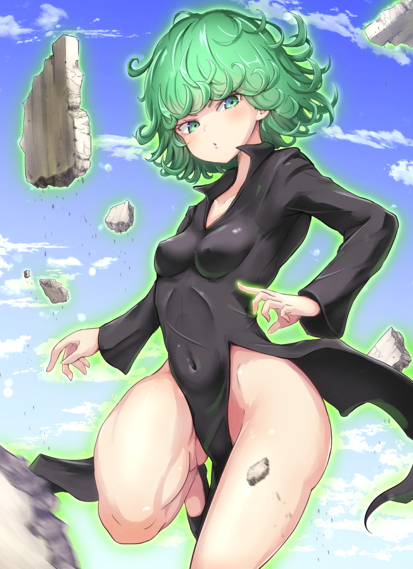 1girl, arms_up, aura, black_dress, blue_sky, breasts, cloud, covered_erect_nipples, covered_navel, dress, energy, psychic, fantasy, female_focus, floating, floating_hair, flying, glowing, green_eyes, green_hair, highres, impossible_clothes, long_sleeves, looking_at_viewer, magic, navel, one-punch_man, parted_lips, rabittofaa, rock, science_fiction, short_hair, skin_tight, sky, small_breasts, solo, stone, tatsumaki, telekinesis, thighs