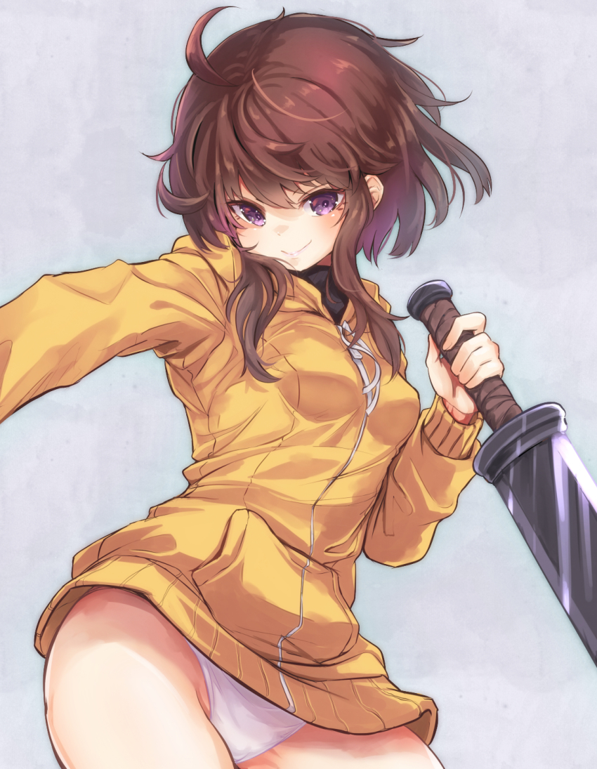 1girl, ahoge, ass, black_panties, black_thighhighs, boots, breasts, brown_hair, grey_background, highres, holding, hood, hood_down, hoodie, huge_ahoge, knife, legs_together, linne_(under_night_in-birth), no_pants, panties, pantyshot, rabittofaa, red_eyes, reverse_grip, short_hair, simple_background, small_breasts, solo, sword, thighhighs, thighs, under_night_in-birth, underwear, weapon, white_panties, zipper