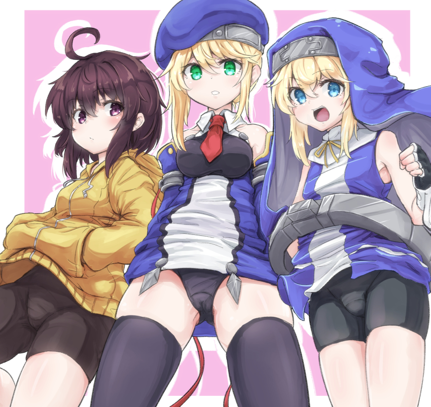 1boy, 2girls, ahoge, arc_system_works, bare_shoulders, beret, bike_shorts, black_thighhighs