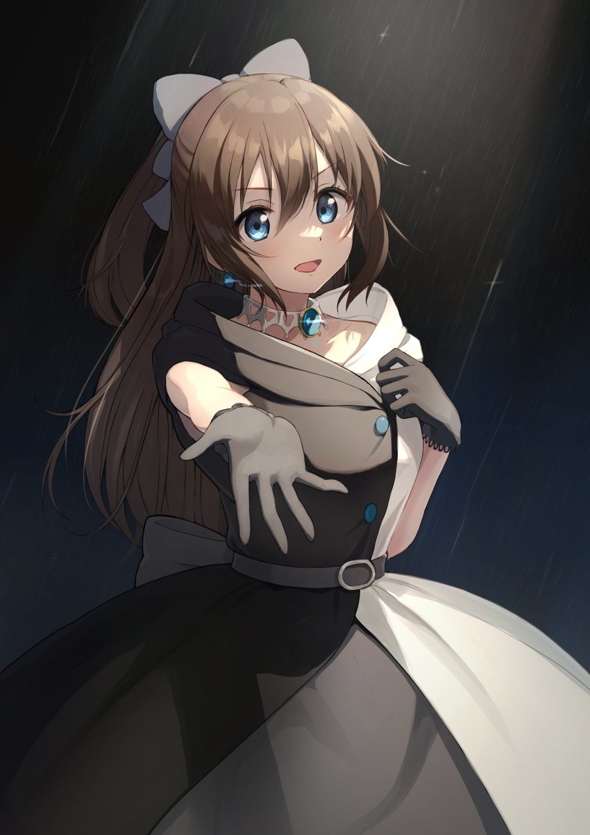 1girl, absurdres, belt, black_dress, black_gloves, blue_eyes, bow, brown_hair, buttons, cowboy_shot, determined, dress, earrings, gloves, hair_between_eyes, hair_bow, half_updo, highres, jewelry, long_dress, long_hair, love_live!, love_live!_nijigasaki_high_school_idol_club, neck_ring, off-shoulder_dress, off_shoulder, osaka_shizuku, ponytail, rain, reaching, reaching_towards_viewer, solitude_rain_(love_live!), solo, tata_(tataice), two-tone_dress, v-shaped_eyebrows, waist_bow, white_dress