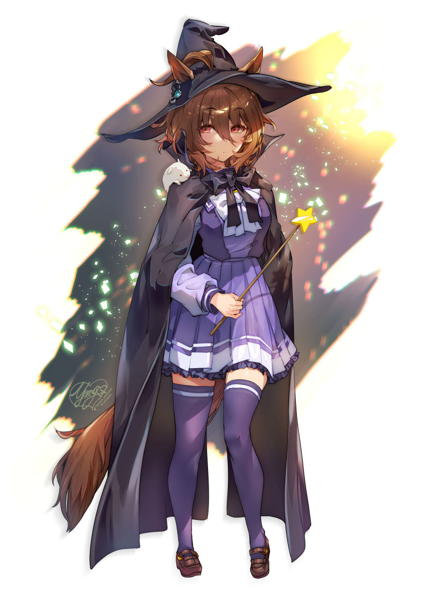 1girl, :|, absurdres, agnes_tachyon_(umamusume), animal_ears, artist_logo, black_bow, black_bowtie