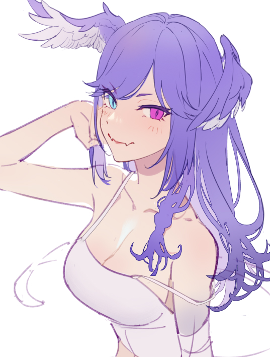 1girl, blue_eyes, breasts, camisole, cleavage, collarbone, head_wings, heterochromia