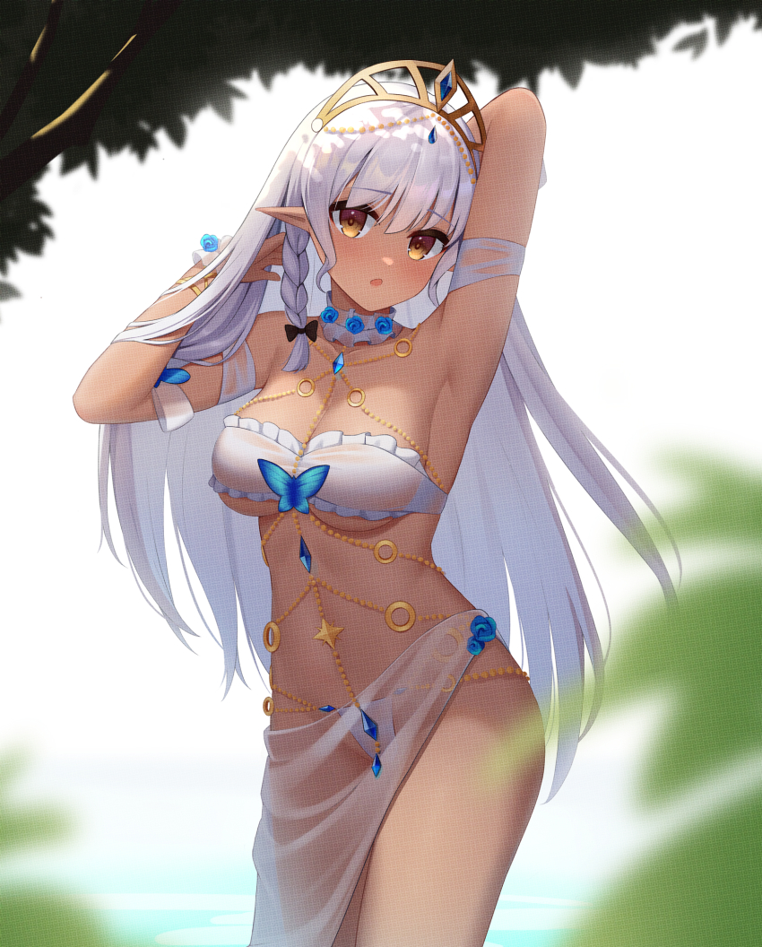 1girl, :o, arm_behind_head, arm_up, armband, armpits, belly_chain, bikini, blue_flower, blurry, blurry_foreground, bow, braid, breasts, choker, cleavage, collarbone, dappled_sunlight, dark-skinned_female, dark_elf, dark_skin, day, elf, flower, gem, hair_between_eyes, hair_bow, hand_in_own_hair, hand_up, head_tilt, highres, jewelry, kirisame_koiiro, long_hair, looking_at_viewer, medium_breasts, original, outdoors, plant, pointy_ears, sarong, see-through_clothes, side_braid, single_braid, solo, standing, straight_hair, strapless, strapless_bikini, sunlight, swimsuit, tiara, tree, very_long_hair, white_bikini, white_choker, white_hair, wrist_cuffs, yellow_eyes