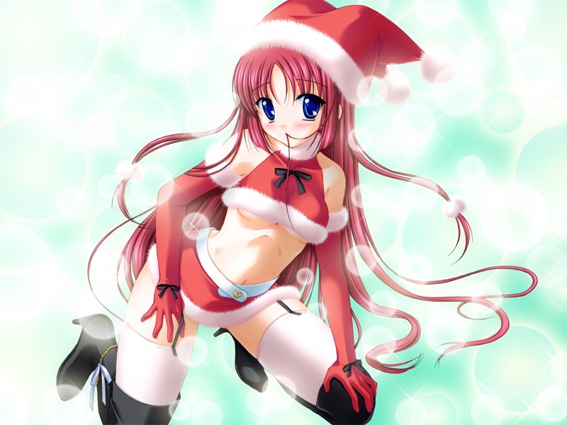 1girl, black_thighhighs, blue_eyes, blush, boots, breasts, bubble, christmas
