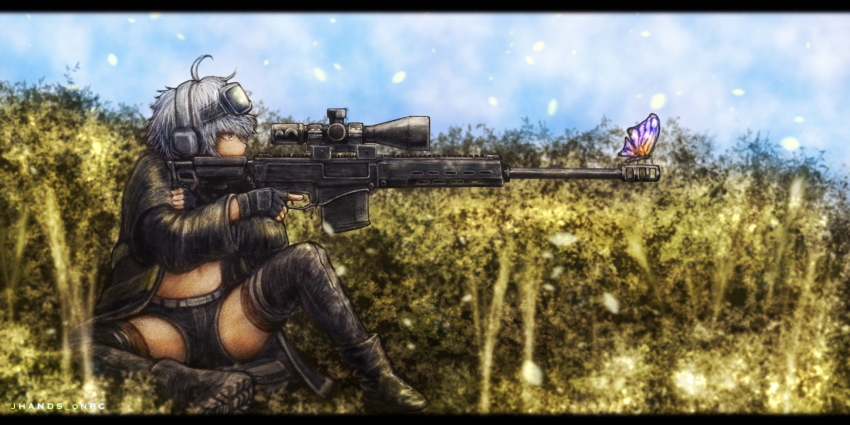 1girl, ahoge, black_boots, black_coat, black_gloves, black_shorts, black_thighhighs, blue_eyes