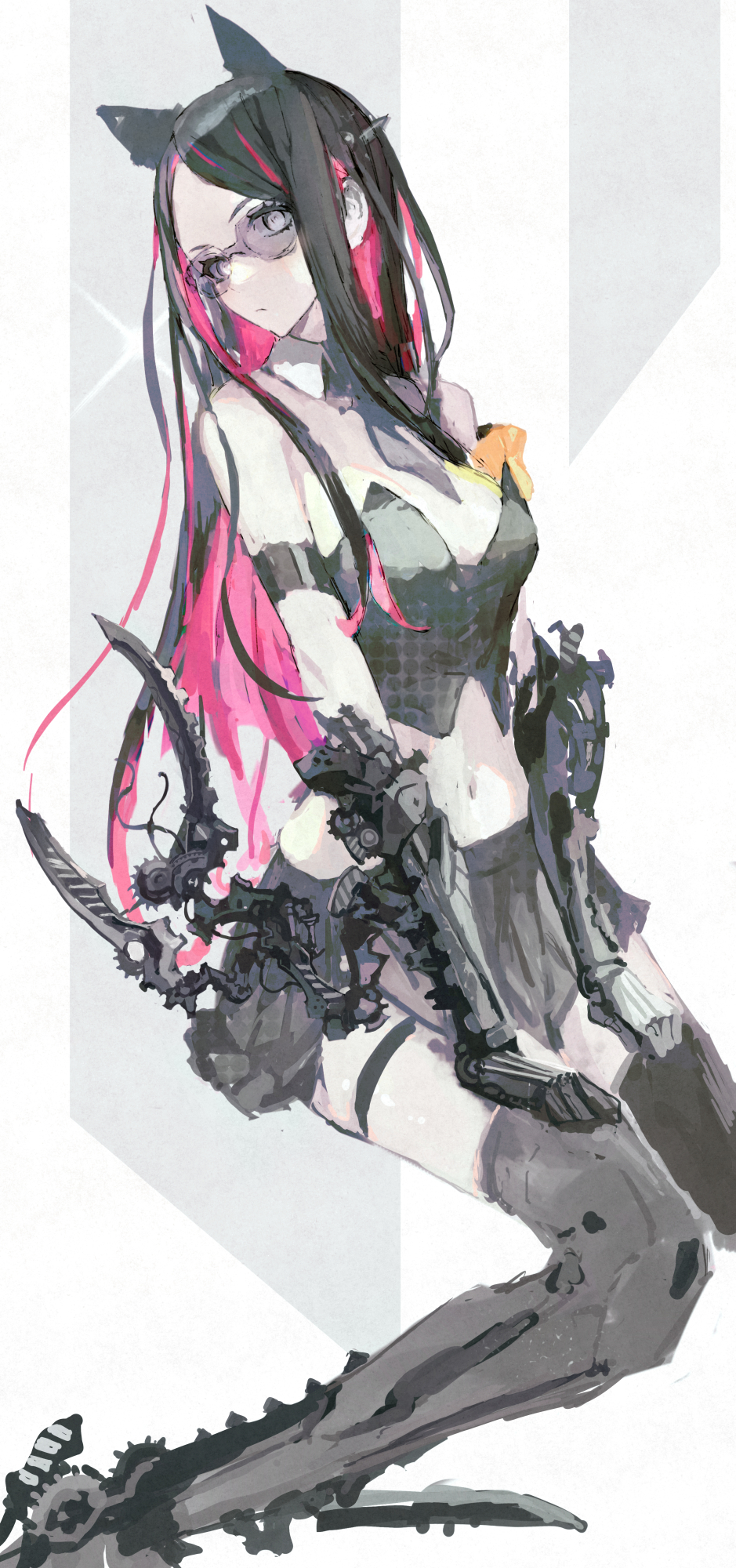 1girl, arm_blade, black_hair, black_skirt, breasts, colored_inner_hair, cyborg, detached_collar, hair_behind_ear, head_tilt, highres, long_hair, looking_at_viewer, masuda_mikio, mechanical_arms, mechanical_ears, mechanical_legs, medium_breasts, midriff, multicolored_hair, navel, original, parted_bangs, pink_hair, purple_eyes, science_fiction, skirt, solo, weapon