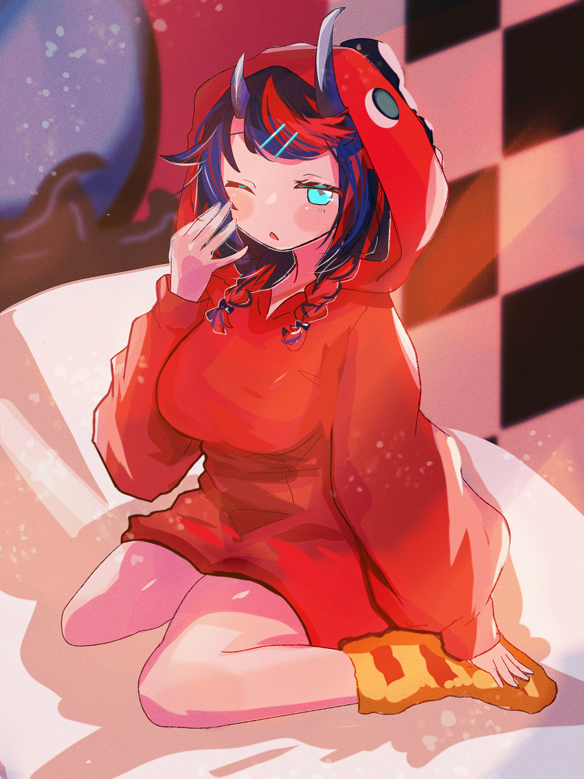 1girl, alternate_costume, black_hair, blue_eyes, braid, breasts, commentary_request, demon_girl