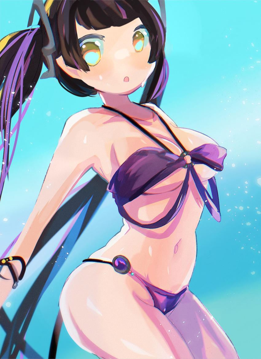 1girl, alternate_costume, bikini, black_hair, blue_background, blunt_bangs, breasts, cleavage