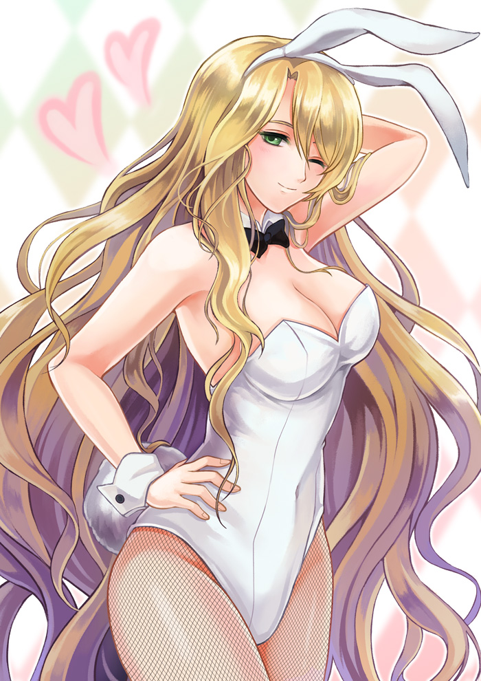1girl, akuru_(akr369akr), alternate_costume, animal_ears, bare_shoulders, black_bow, blonde_hair, bow, bow_choker, breasts, choker, cleavage, commission, covered_navel, fake_animal_ears, fire_emblem, fire_emblem:_the_blazing_blade, fishnet_pantyhose, fishnets, green_eyes, hand_on_own_hip, large_breasts, leotard, long_hair, looking_at_viewer, nintendo, one_eye_closed, pantyhose, playboy_bunny, rabbit_ears, rabbit_tail, saint_elimine_(fire_emblem), skeb_commission, solo, tail, very_long_hair, white_leotard, wrist_cuffs