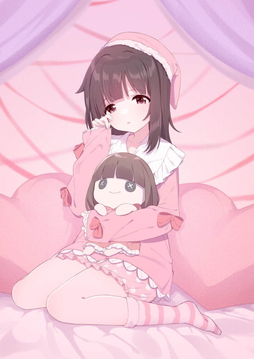 :o, absurdres, blush, bow, brown_hair, child, commission, curtains