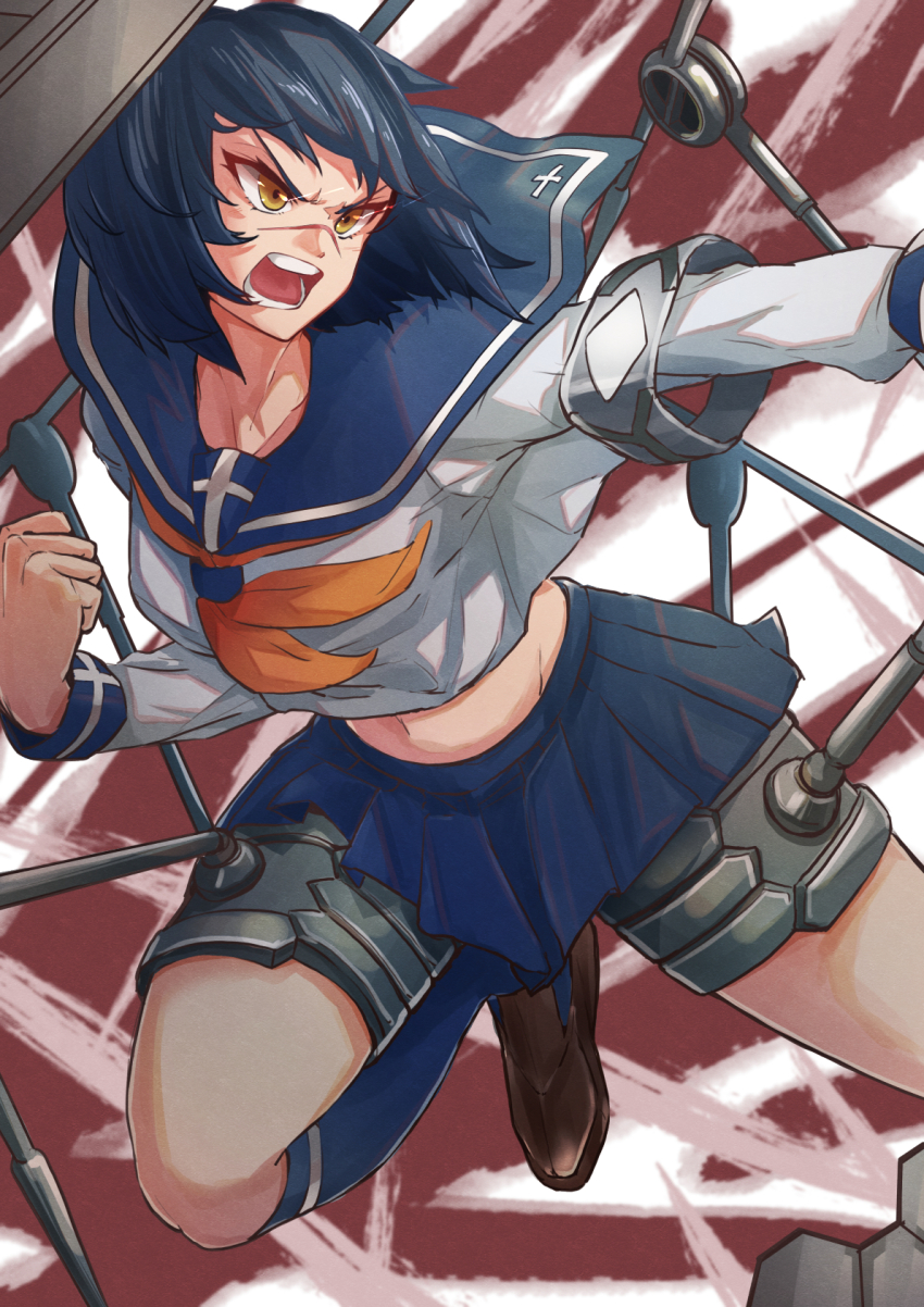 1girl, angry, aosora2823, blue_hair, blue_sailor_collar, blue_skirt, blue_thighhighs, bob_cut