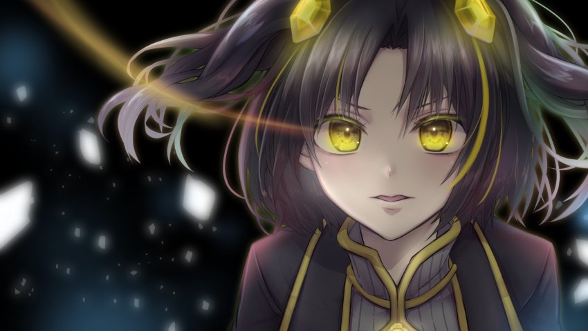 1girl, black_hair, blonde_hair, glowing, glowing_eye, highres, looking_at_viewer, multicolored_hair, myao_gr, pale_skin, reface_music_production, solo, virtual_youtuber, yellow_eyes, yuudutsu_tear