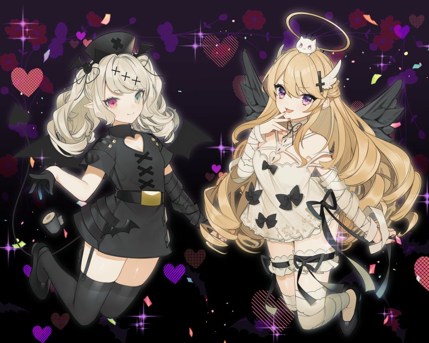 2girls, absurdres, angel_wings, bandages, blonde_hair, daimaou_ruaeru, demon_girl, demon_horns, demon_tail, demon_wings, grey_eyes, halo, heterochromia, highres, horns, indie_virtual_youtuber, long_hair, looking_at_viewer, mamiya_mao, multiple_girls, pale_skin, purple_eyes, reface_music_production, spinel_clanweiss, tail, thighhighs, twintails, virtual_youtuber, white_hair, wings
