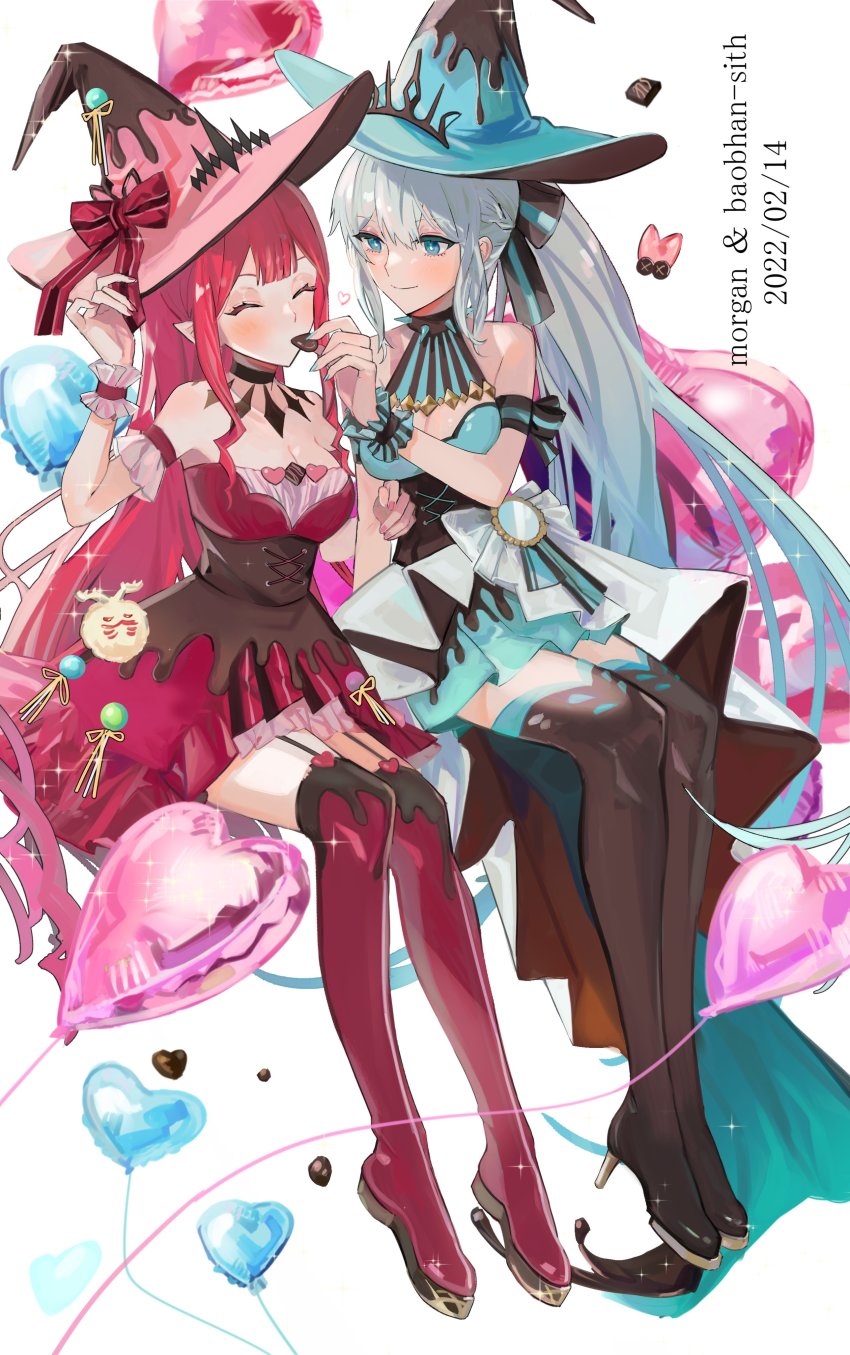 2girls, absurdres, alternate_costume, balloon, baobhan_sith_(fate), baobhan_sith_(valentine_witches)_(fate), black_bow, black_footwear