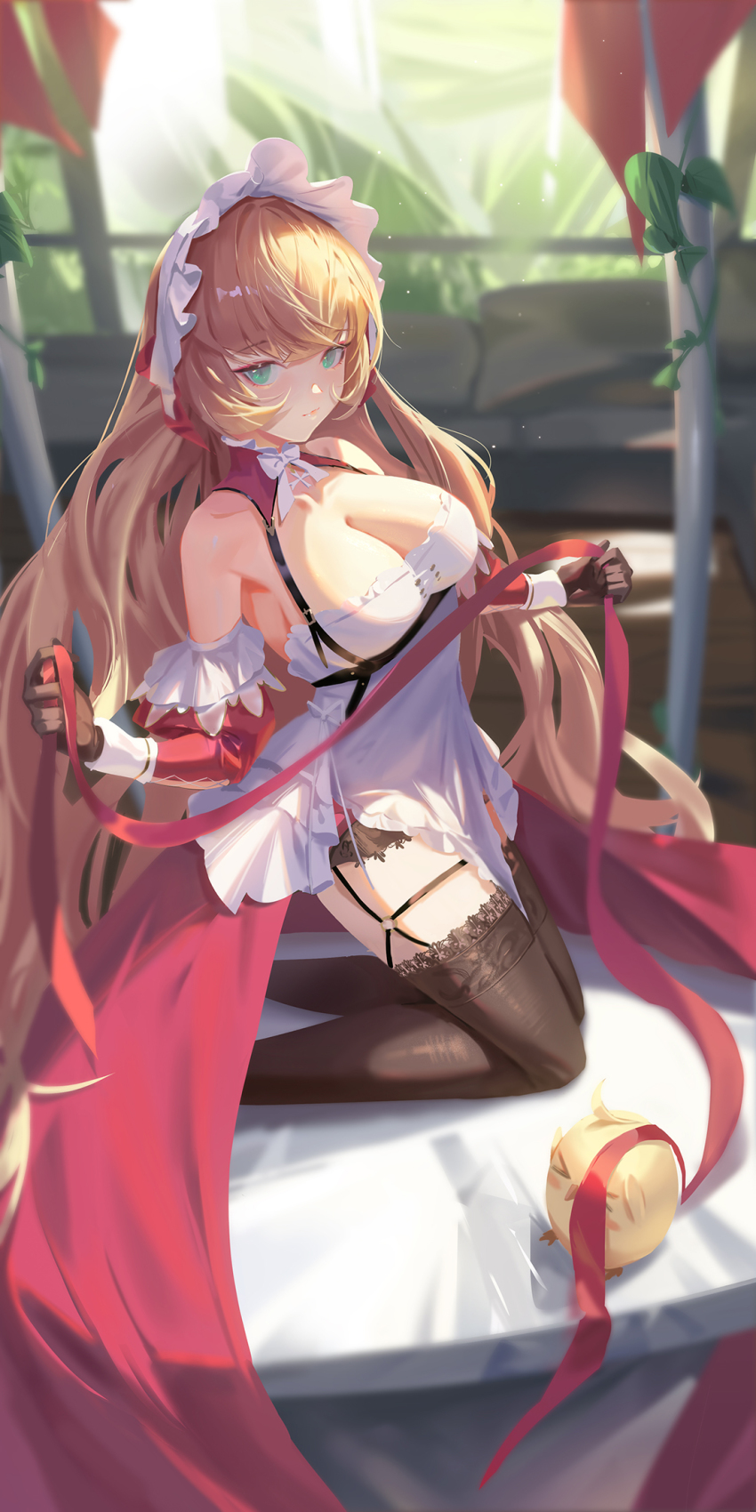 >_<, 1girl, absurdly_long_hair, azur_lane, bare_shoulders, black_gloves, black_thighhighs, blonde_hair