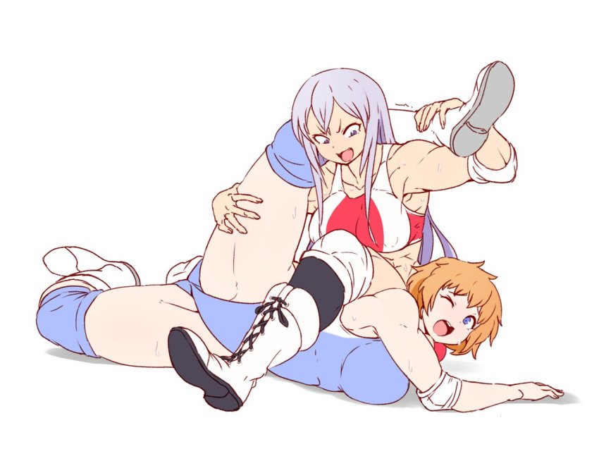 2girls, artist_request, elbow_pads, knee_pads, multiple_girls, orange_hair, short_hair, simple_background