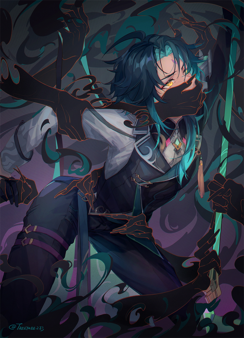 1boy, black_hair, blue_hair, covering_another's_mouth, diamond_(shape), disembodied_hand, floating, formal_clothes, genshin_impact, hand_over_another's_mouth, highres, marking_on_forehead, multicolored_hair, pale_skin, suit, treetree233, xiao_(genshin_impact), yellow_eyes