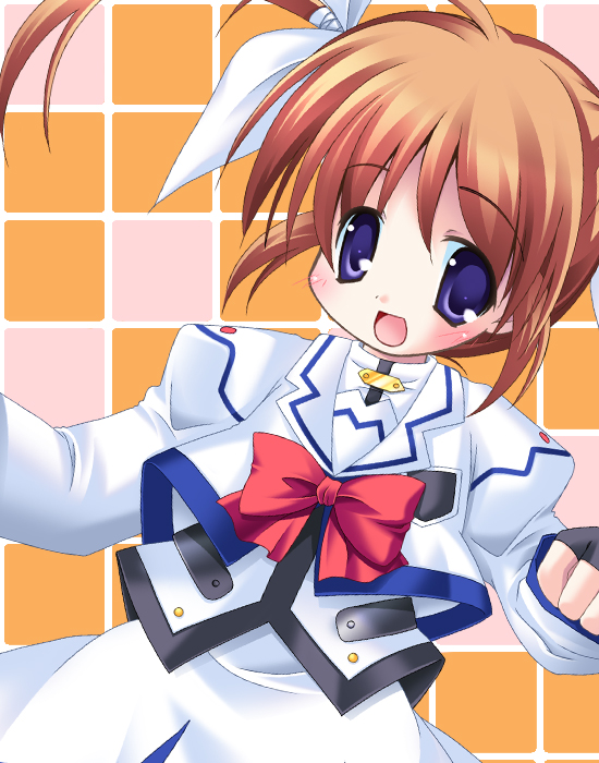 00s, 1girl, :d, blue_eyes, blush, bow, bowtie, brown_hair
