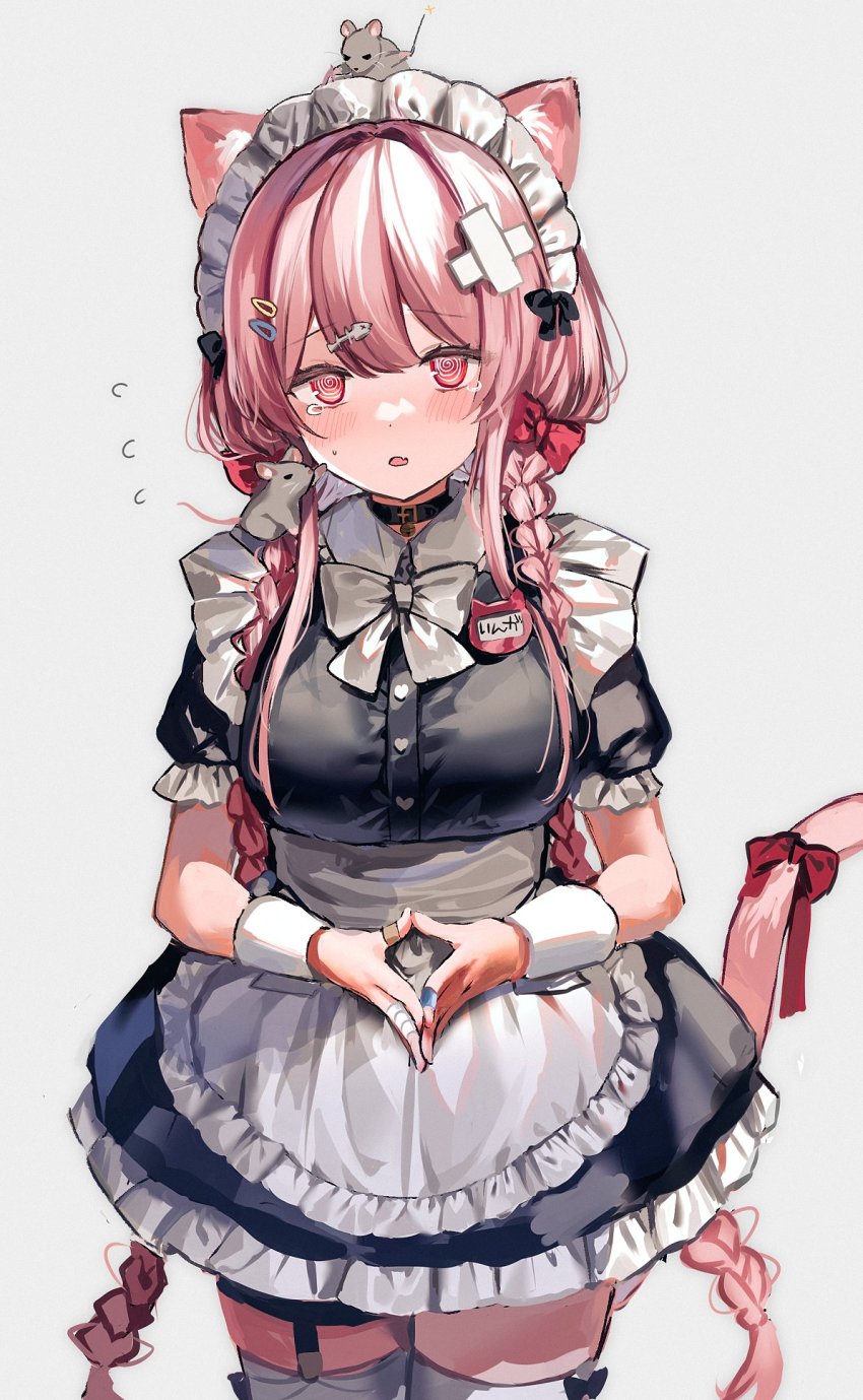 1girl, @_@, animal_ear_fluff, animal_ears, apron, bandaged_hand, bandages, bandaid