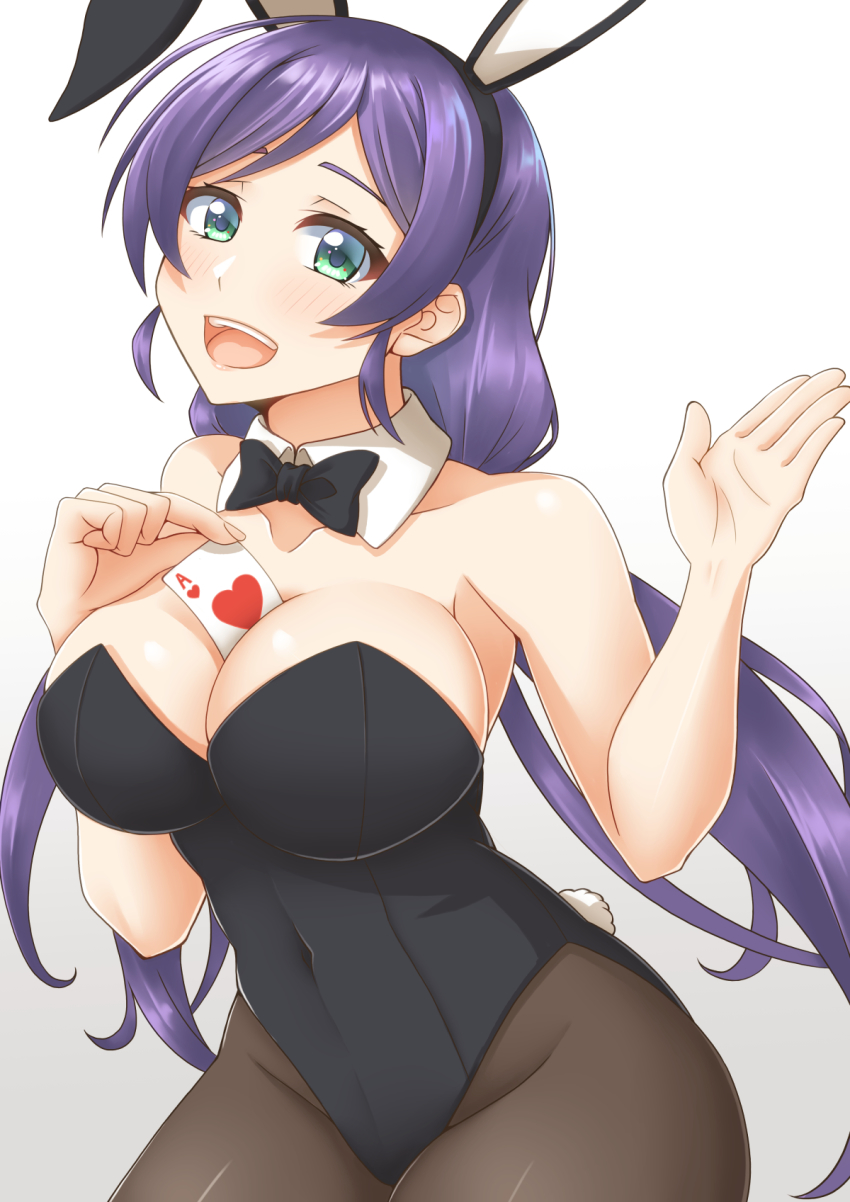 1girl, ace_(playing_card), ace_of_hearts, animal_ears, aqua_eyes, between_breasts, black_leotard, black_pantyhose